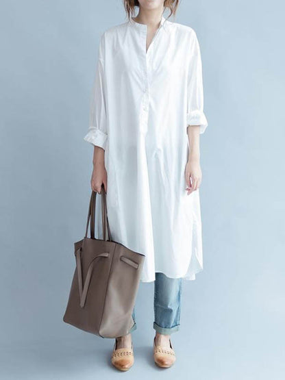 High-low Long Sleeves Buttoned Color Split-side Lapel Midi Dresses Shirt Dress