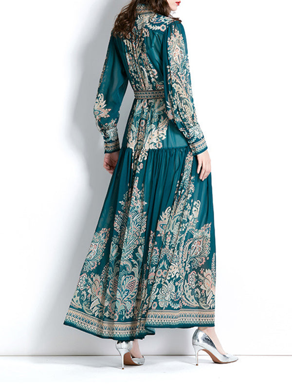 A-line Puff Sleeves Printed See-through Tied Waist Stand Collar Maxi Dresses
