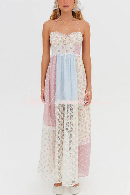 Lace Halterneck Backless Patchwork Maxi Dress