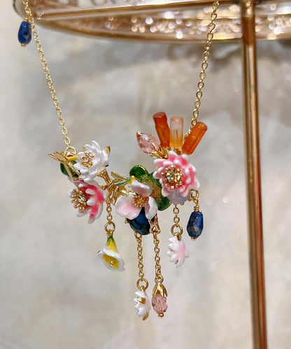 Gold Sterling Silver Overgild Dragonfly Gem Stone Lotus Leaf Pendant Necklace