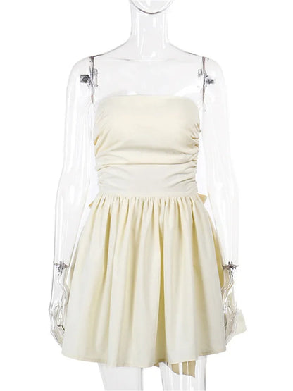 Tee Bow Bandeau Pleated Mini Dress for Sleeveless Patchwork Bandage Party Dress Female Lace-up Y2k Dress New
