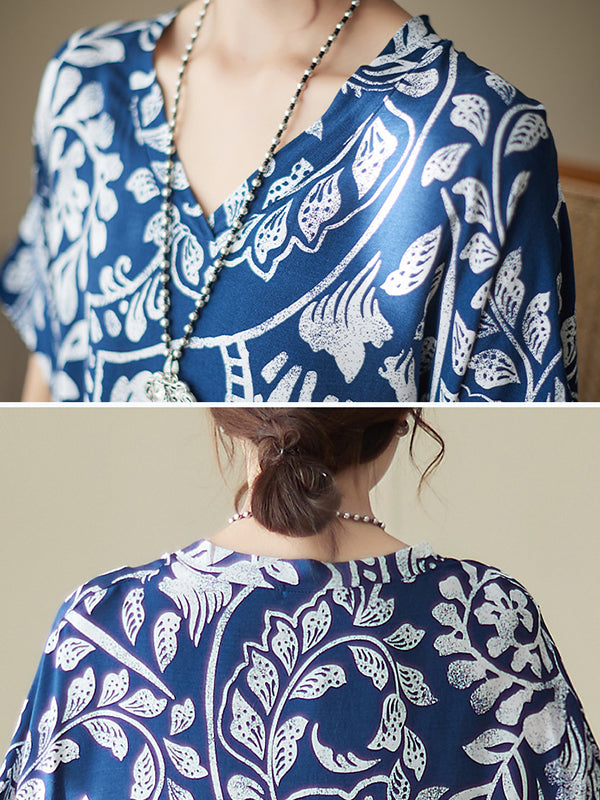 Loose Short Sleeves Printed V-neck Maxi Dresses