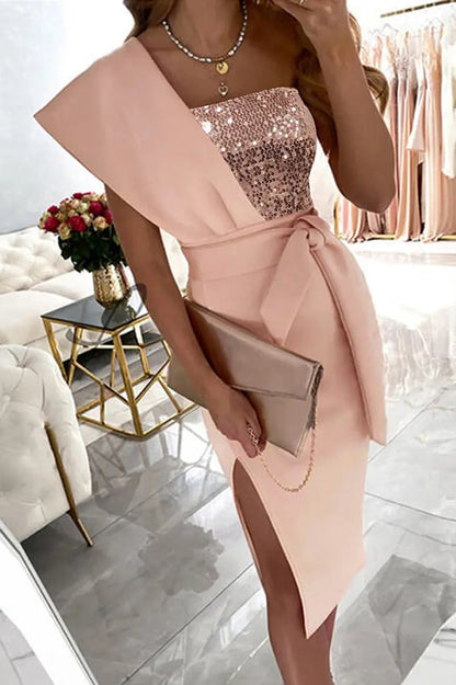 Day Sequins Patch One Shoulder Midi Dress