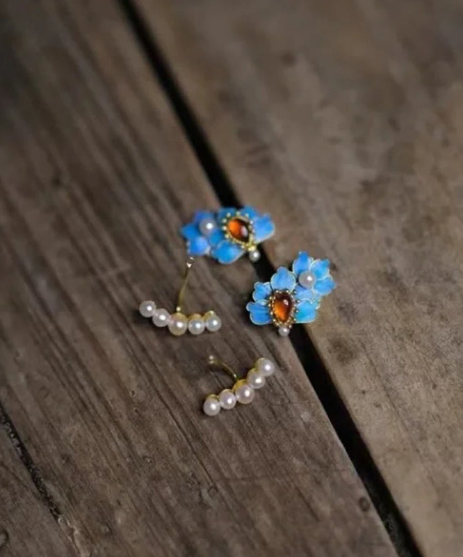 Blue Sterling Silver Overgild Gem Stone Pearl Enameling Tassel Stud Earrings