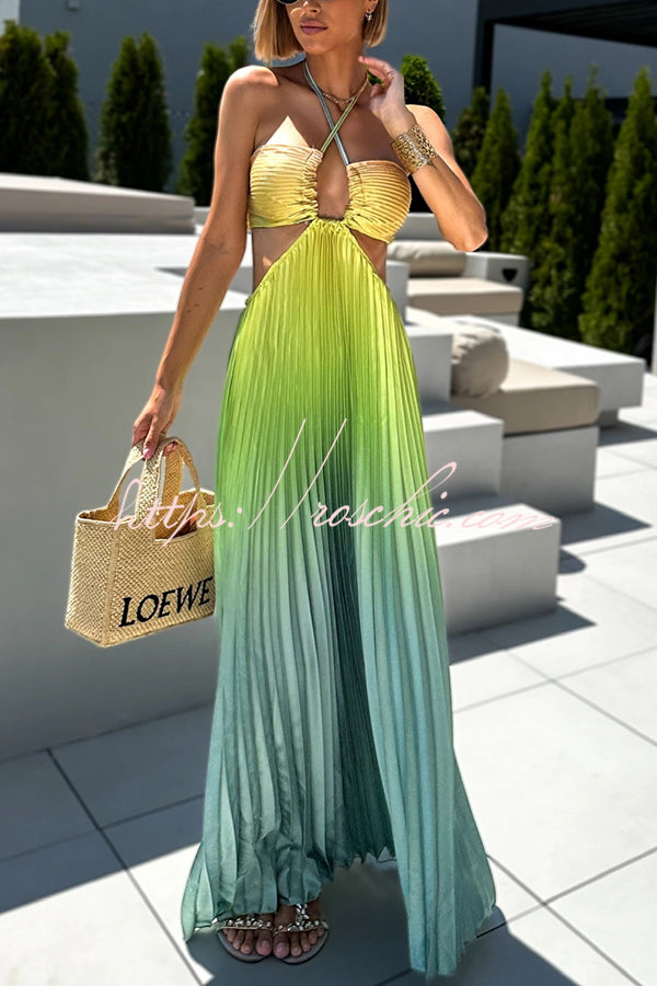 Get Ready Gradient Print Cutout Halterneck Pleated Maxi Dress