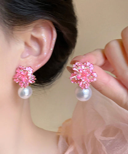 Pink Copper Alloy Zircon Pearl Drop Earrings