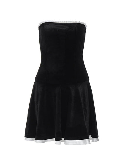 Black Velvet Splice Pleated Bandeau Mini Dress