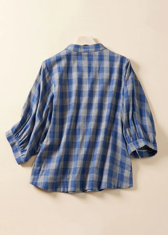 Grace Blue Plaid Stand Collar Cotton Blouses Bracelet Sleeve Qr023