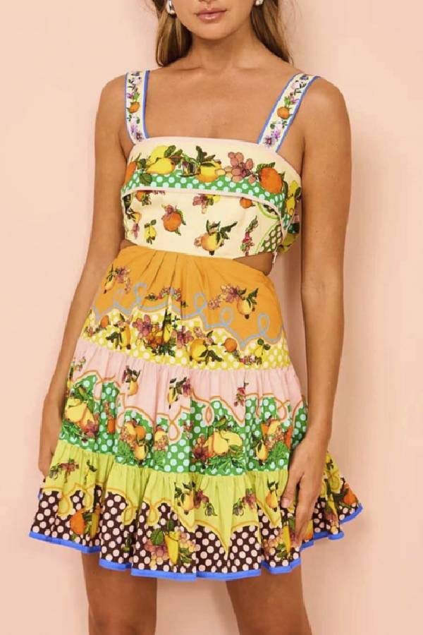 Summer Multicolorlemon Preated Hem Mini Dress