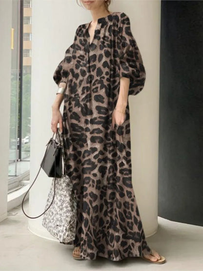 Leopard Print Long Dresses Temperament V-neck Puff Sleeves Loose Dress Style Vestidos Spring New