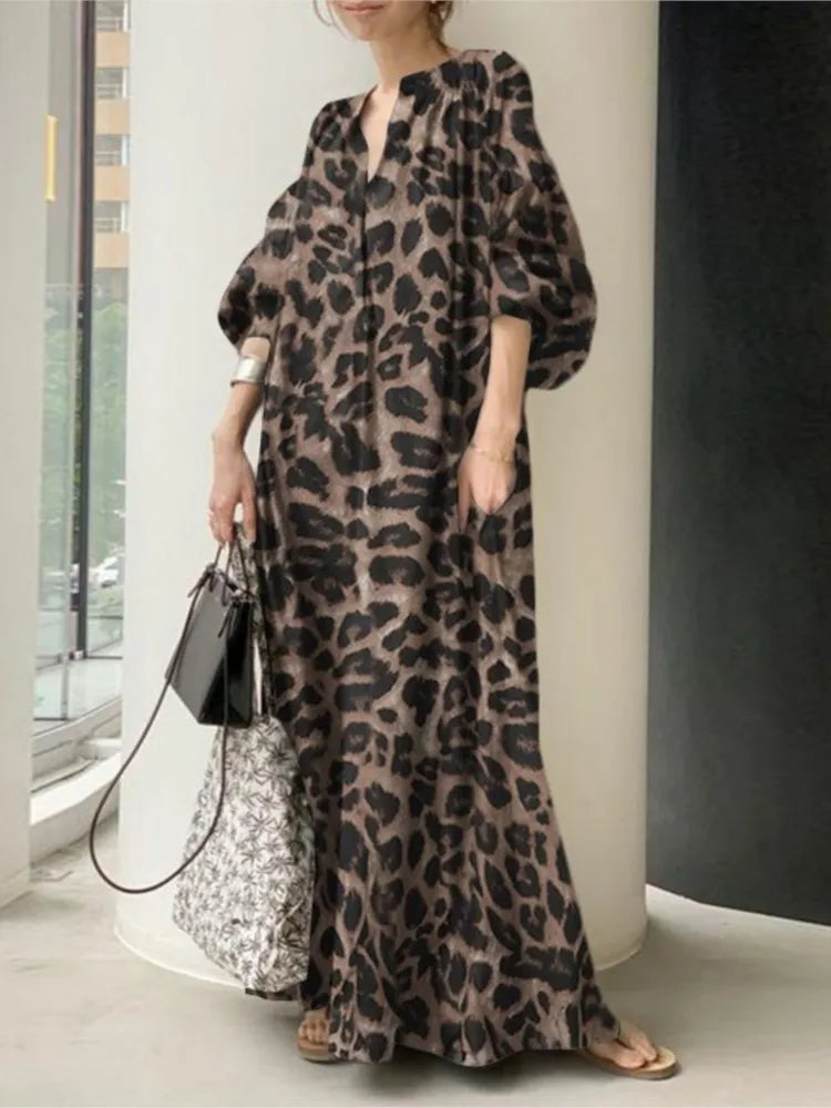 Leopard Print Long Dresses Temperament V-neck Puff Sleeves Loose Dress Style Vestidos Spring New