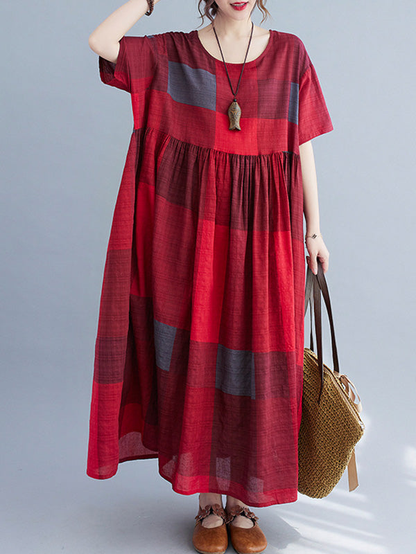 Artistic Retro Loose Color-block Pleated Round-neck Half Sleeves Midi Dress