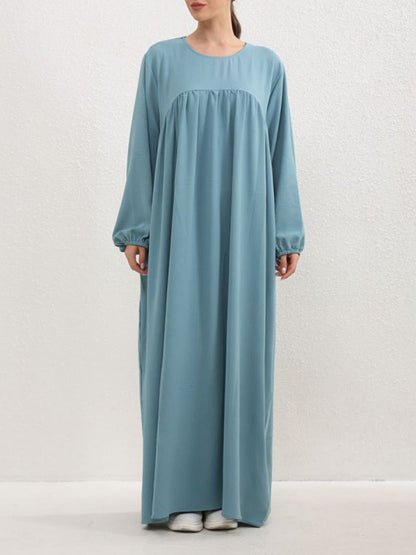 Long Sleeves Loose Pleated Color Split-joint Round-neck Maxi Dresses
