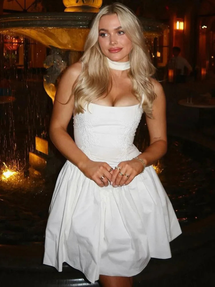 Backless Lace-up A-line Mini Dress for Spaghetti Strap Sleeveless Loose Club Party Dress