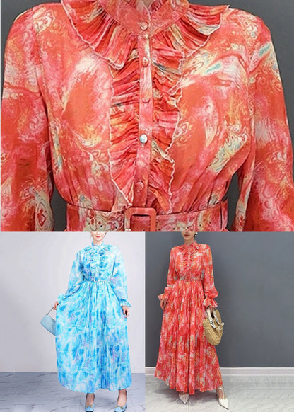 Red Stand Collar Print Sashes Chiffon Long Dress Long Sleeve Ao1035