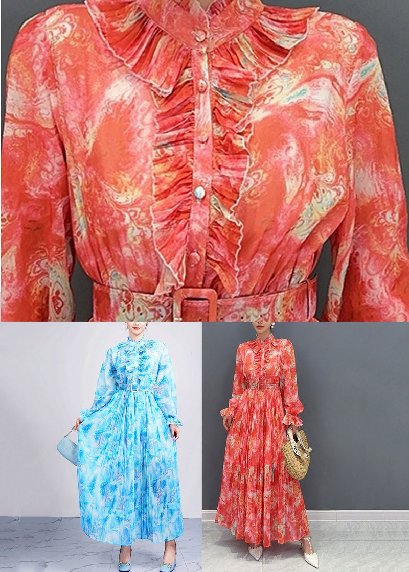 Red Stand Collar Print Sashes Chiffon Long Dress Long Sleeve Ao1035