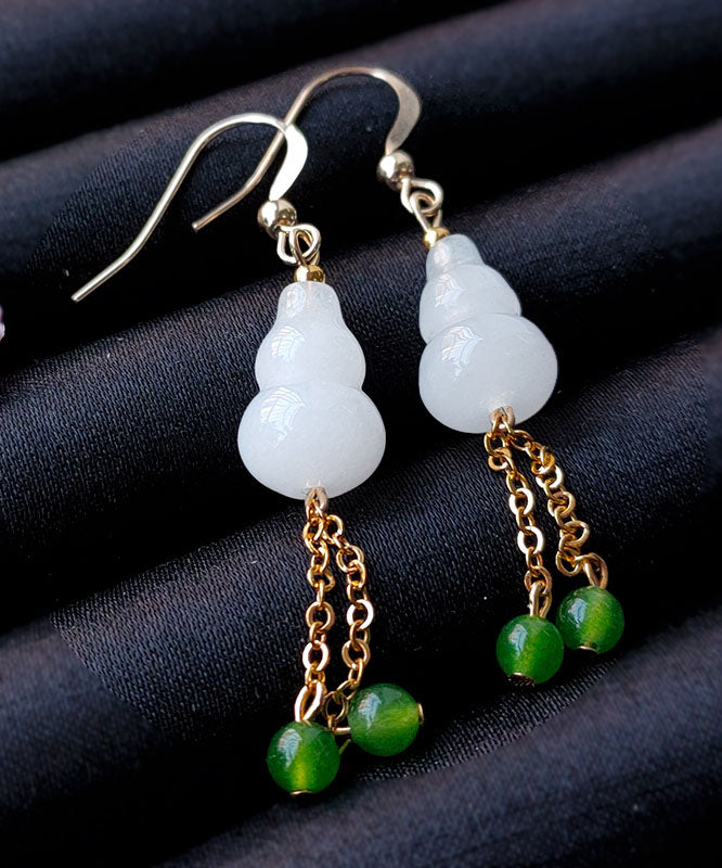 White 14k Gold Jade Gourd Gem Stone Tassel Drop Earrings