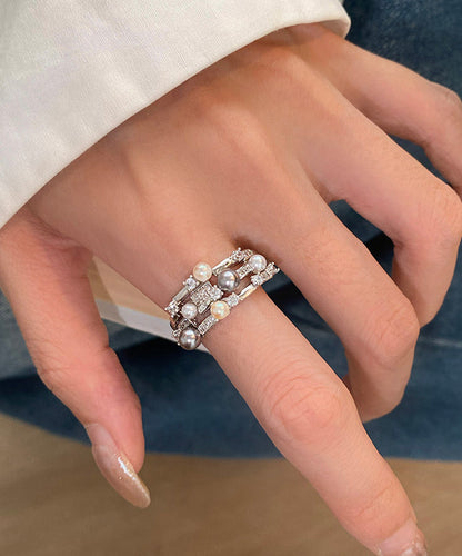 Stylish Pearl Zircon Double Tier Opening Adjustable Copper Rings