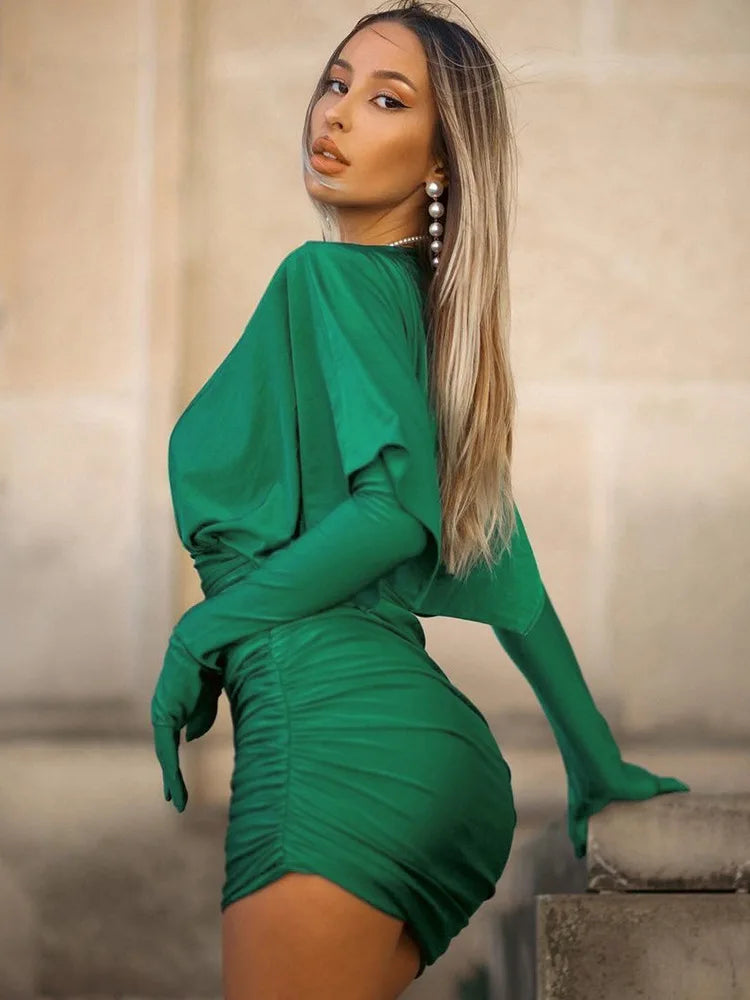 Deep V Neck Long Sleeve Mini Dress Autumn Winter New Ruched Evening Dress Female Dress