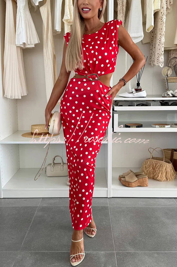 Roxane Polka Dot Print Shoulder Pad Metal Cutout Waist Slit Stretch Maxi Dress