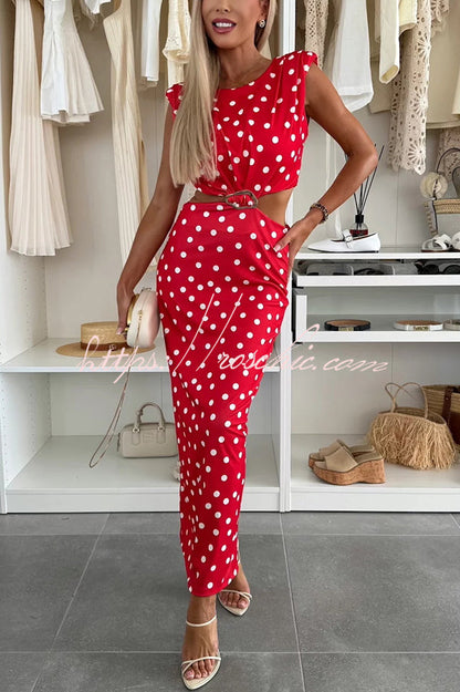 Roxane Polka Dot Print Shoulder Pad Metal Cutout Waist Slit Stretch Maxi Dress