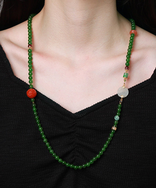 Green Sterling Silver Overgild Agate Jade Ping Buckle Pendant Necklace