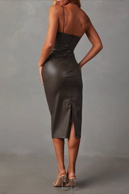 Pu Leather Spaghetti Strap Bodycon Midi Dress