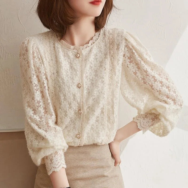 Woman Spring Autumn Style Lace Blouses Tops Lady Long Lantern Sleeve Stand Collar Blusas Tops Sp1529