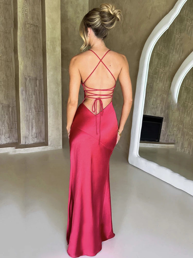 Strapless Satin Maxi Dress Open Back High Slit Slim Dress Spring Summer Party Club Vestidos