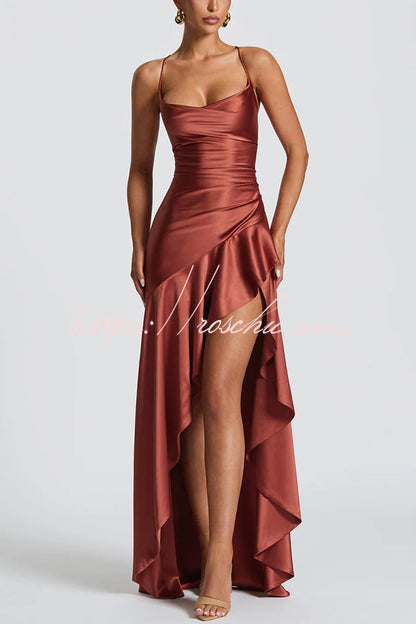 Color Backless Lace-up Irregular Ruffled Maxi Dress