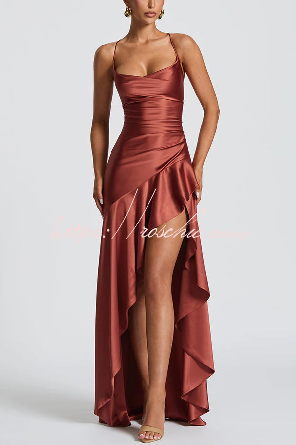 Color Backless Lace-up Irregular Ruffled Maxi Dress