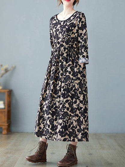 Artistic Retro Ramie Cotton Printed Pleated Round-neck Long Sleeves Midi Dress