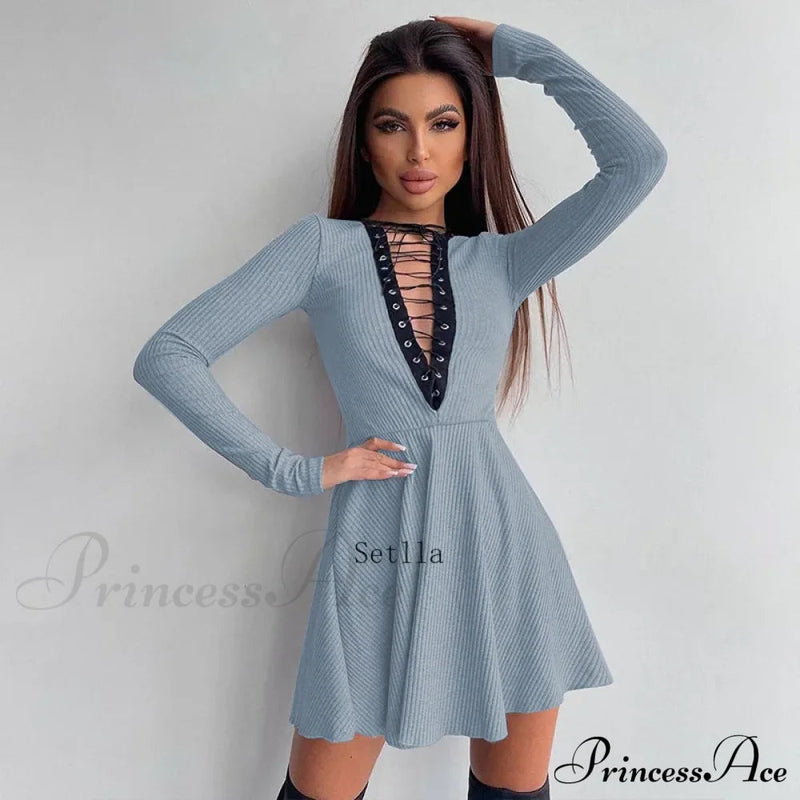 Bandage A-line Lace Up Long Sleeve Mini Dress