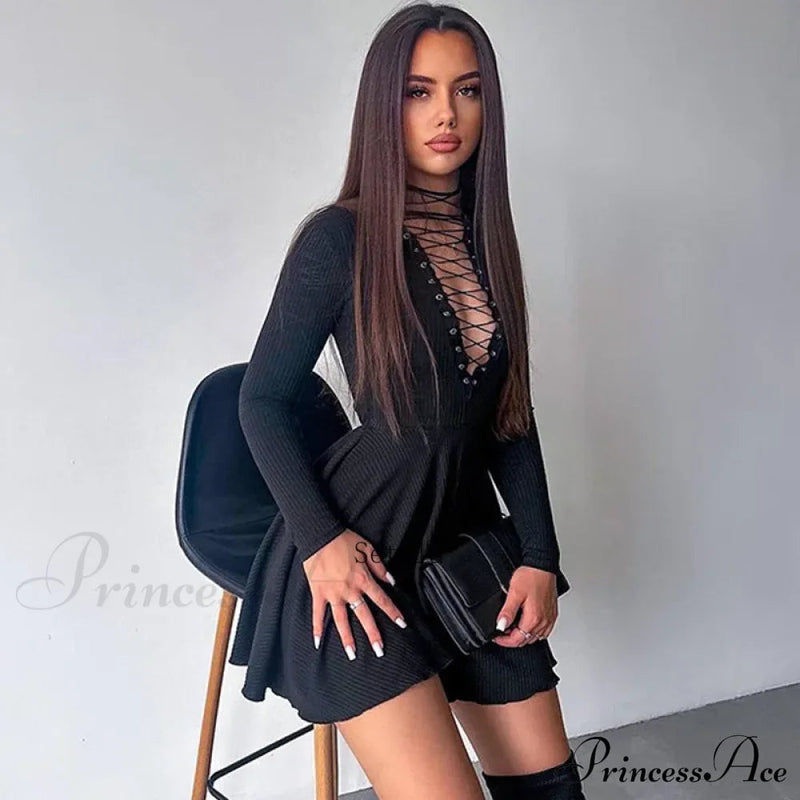 Bandage A-line Lace Up Long Sleeve Mini Dress