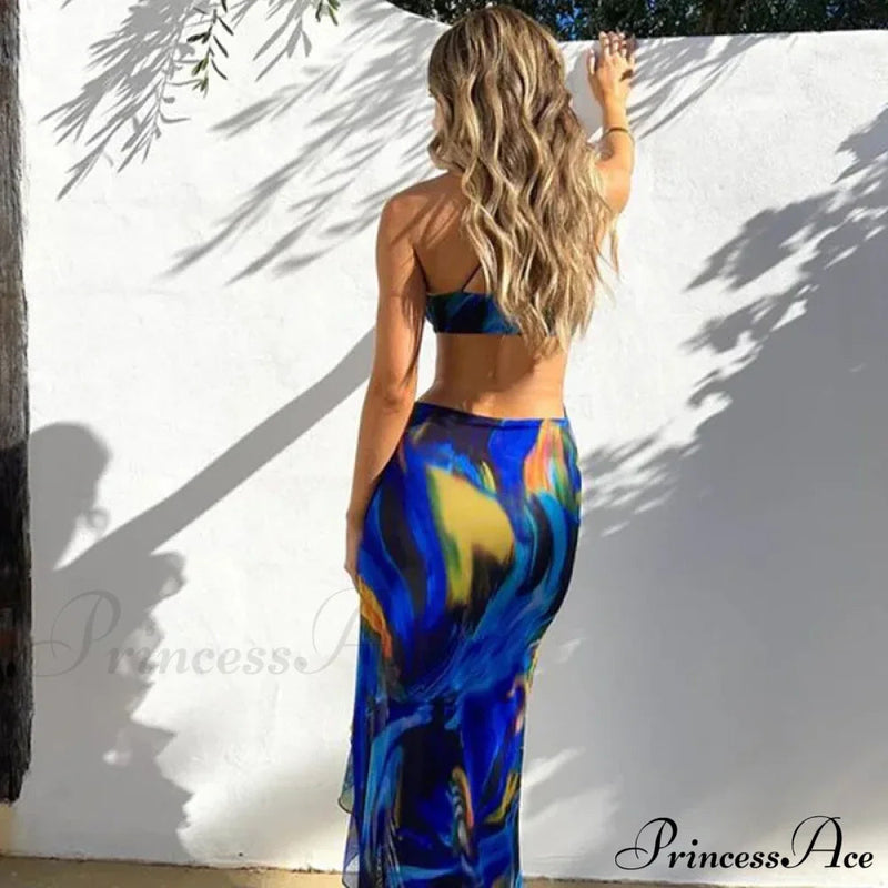 Bandage Slit Ruffle Plunge V-neck for Club Party Print Sunsummer Midi Dress