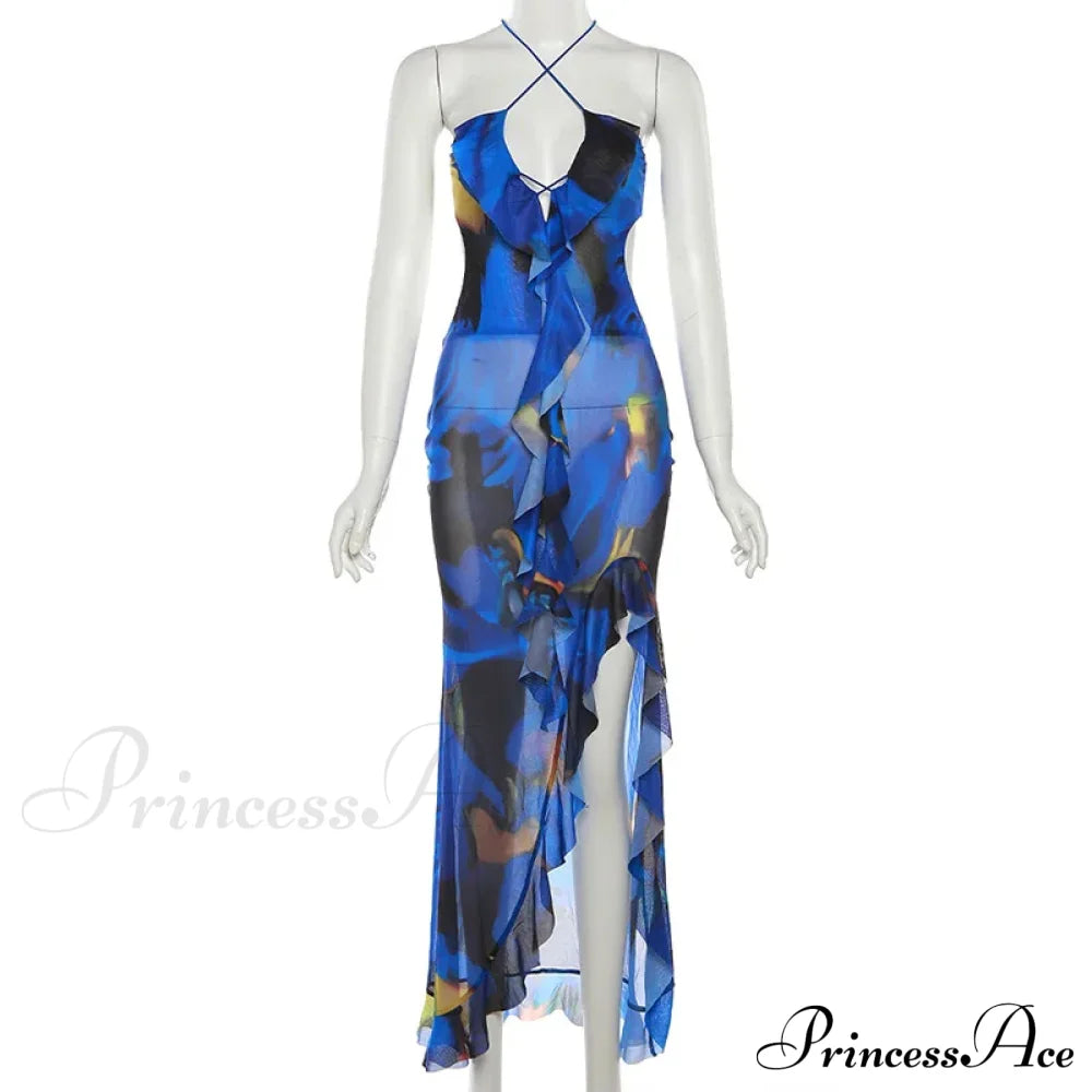 Bandage Slit Ruffle Plunge V-neck for Club Party Print Sunsummer Midi Dress