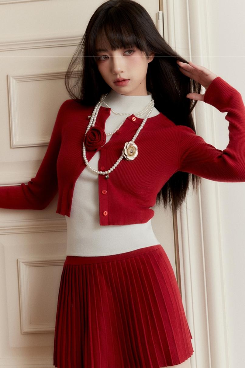 Red Rose Cropped Cardigan Set-up