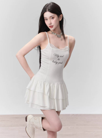 White Ruffled Spaghetti Strap Mini Dress With Slogan Print