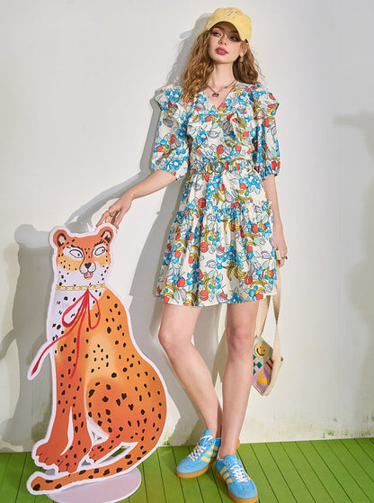 Fruit Print Ruffle V-neck Mini Dress