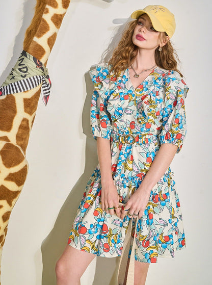 Fruit Print Ruffle V-neck Mini Dress