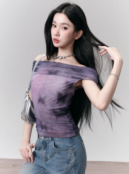 Tie-dye Off-shoulder Crop Top - Purple Ombre Ruched Bandeau Blouse