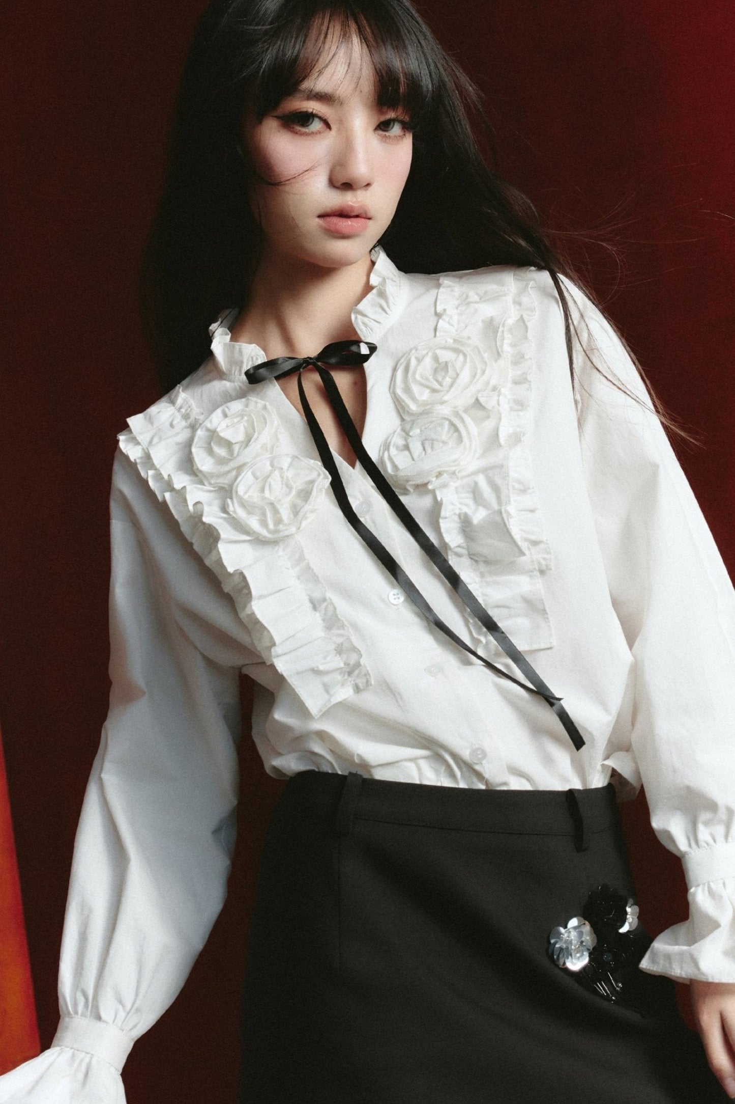 Contrast Ensemble: Crystal-embellished Tweed Mini Skirt & Victorian Ruffle Blouse Set