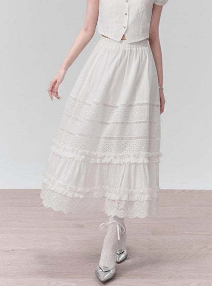 Ethereal Elegance Two-piece Set: Puff Sleeve Crop Blouse & Tiered Lace Midi Skirt - Pure White