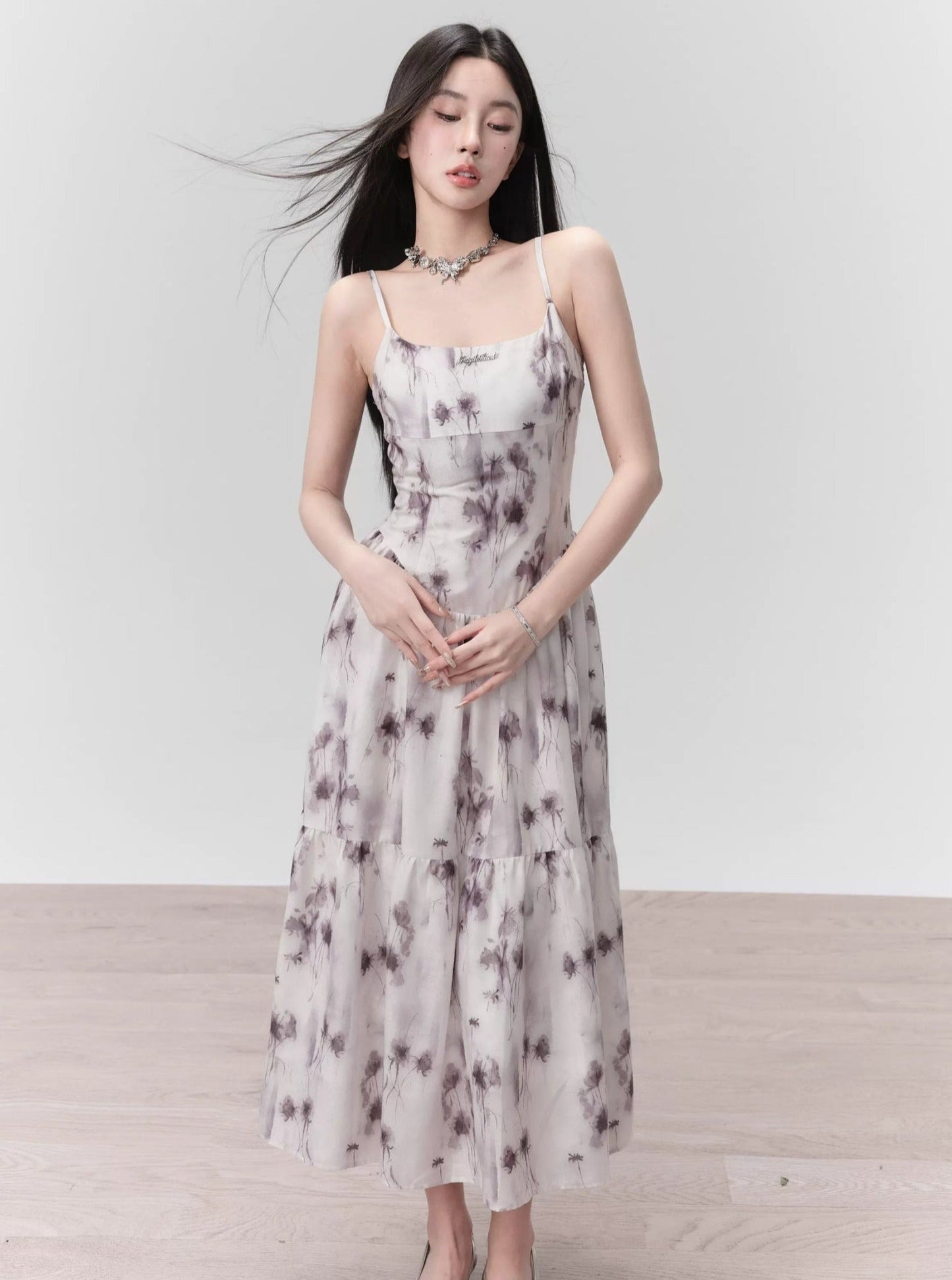 Ethereal Spaghetti Strap Midi Dress in Lavender Mist