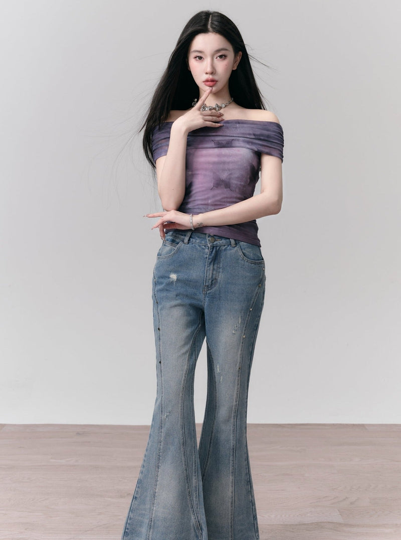 Tie-dye Off-shoulder Crop Top - Purple Ombre Ruched Bandeau Blouse