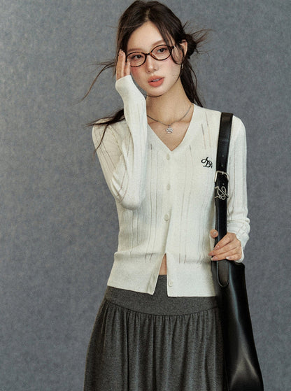 Ribbed Cardigan: Classic V-neck With Signature Embroidery
