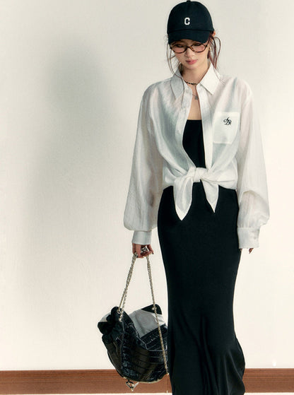Classic White Long Sleeve Button-down Shirt: Crisp Cotton Collared Blouse With Embroidered Logo