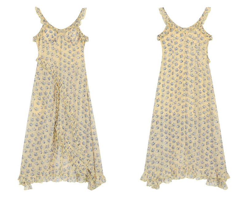 Butterfly Print Ruffle Midi Dress