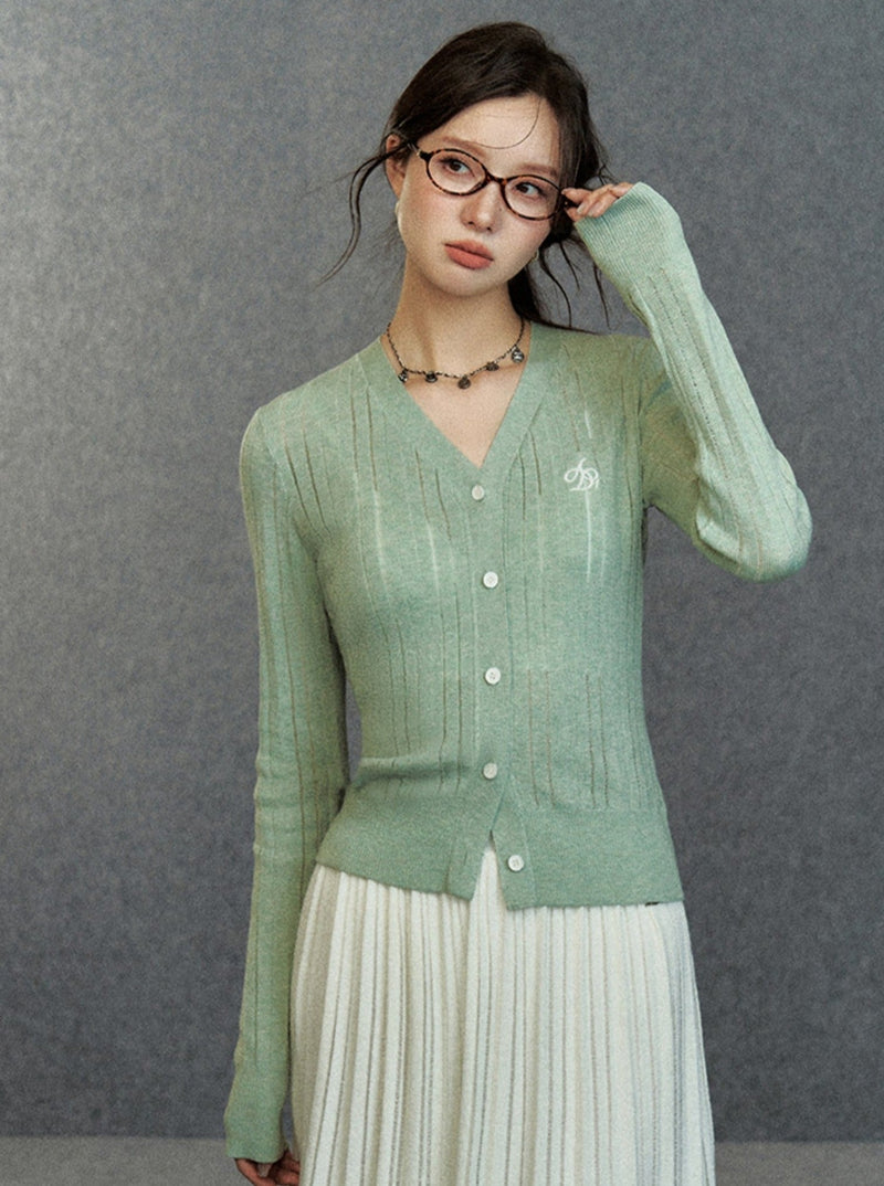 Ribbed Cardigan: Classic V-neck With Signature Embroidery
