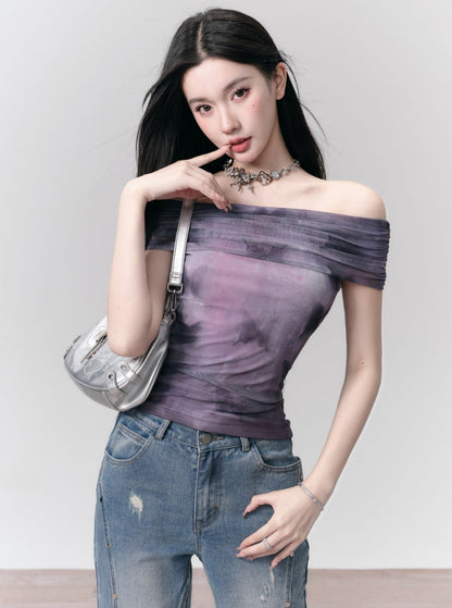 Tie-dye Off-shoulder Crop Top - Purple Ombre Ruched Bandeau Blouse